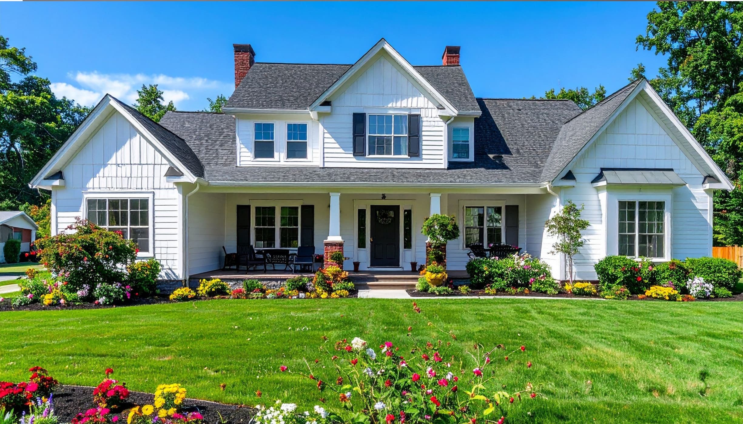 A white farmhouse-style home with a lush green lawn and colorful landscaped flower beds.